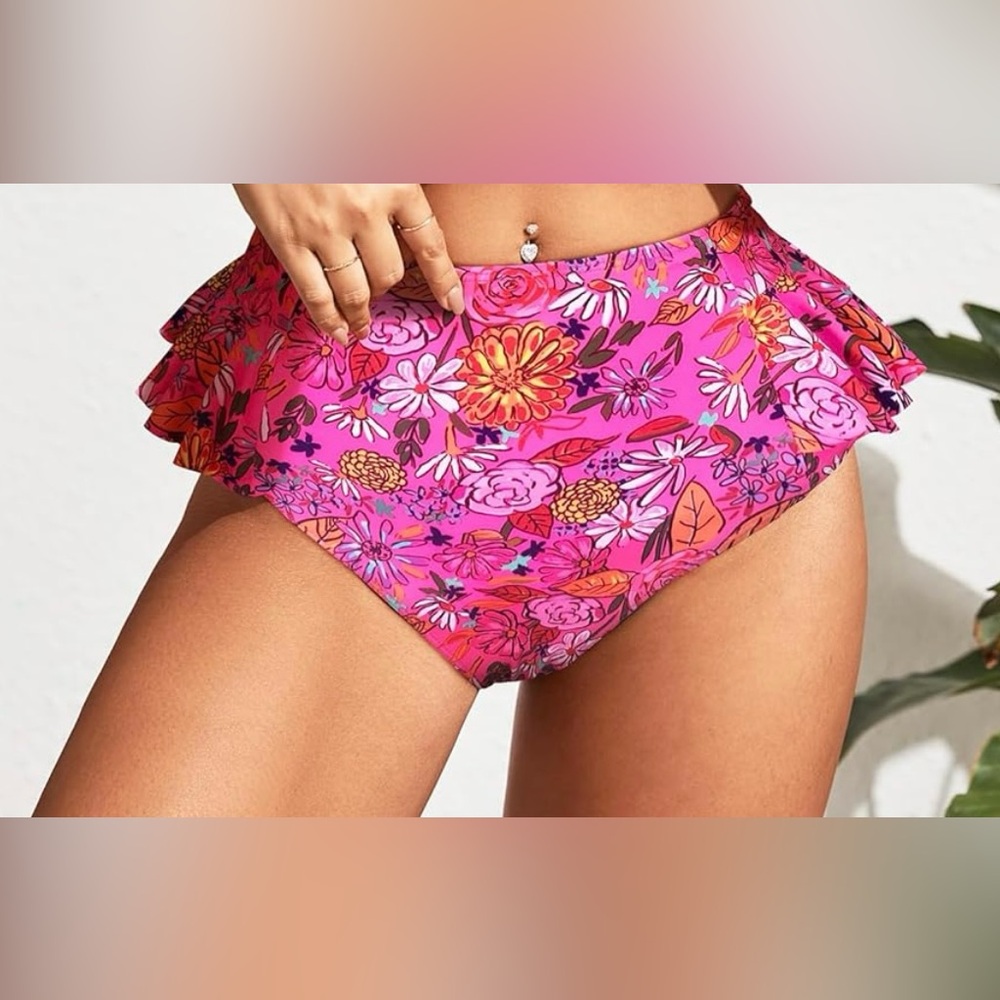 Floral High-Waist Bikini Bottom in Hot Pink - Picture 3 of 5